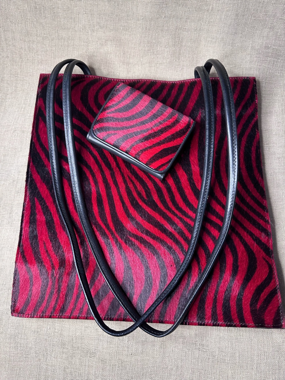 Vintage Wilsons Leather Red Zebra Pony Hair Tote Bag & Matching Wallet Set Y2K